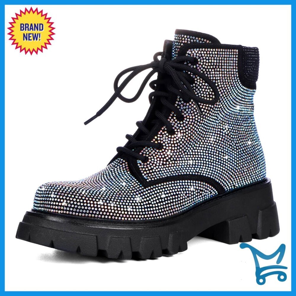 Rhinestone Combat Boots Platform Chunky Heel Ankle Boots Side Zipper